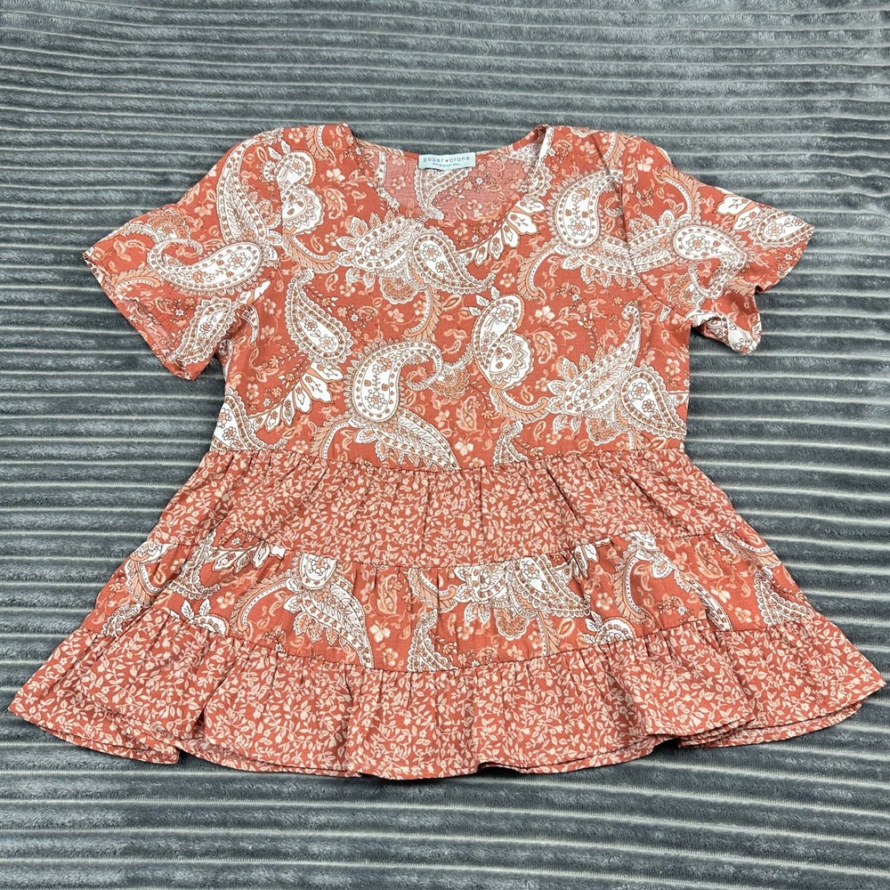 Paper Crane Rust Orange Paisley Floral Babydoll Peplum Top  Small